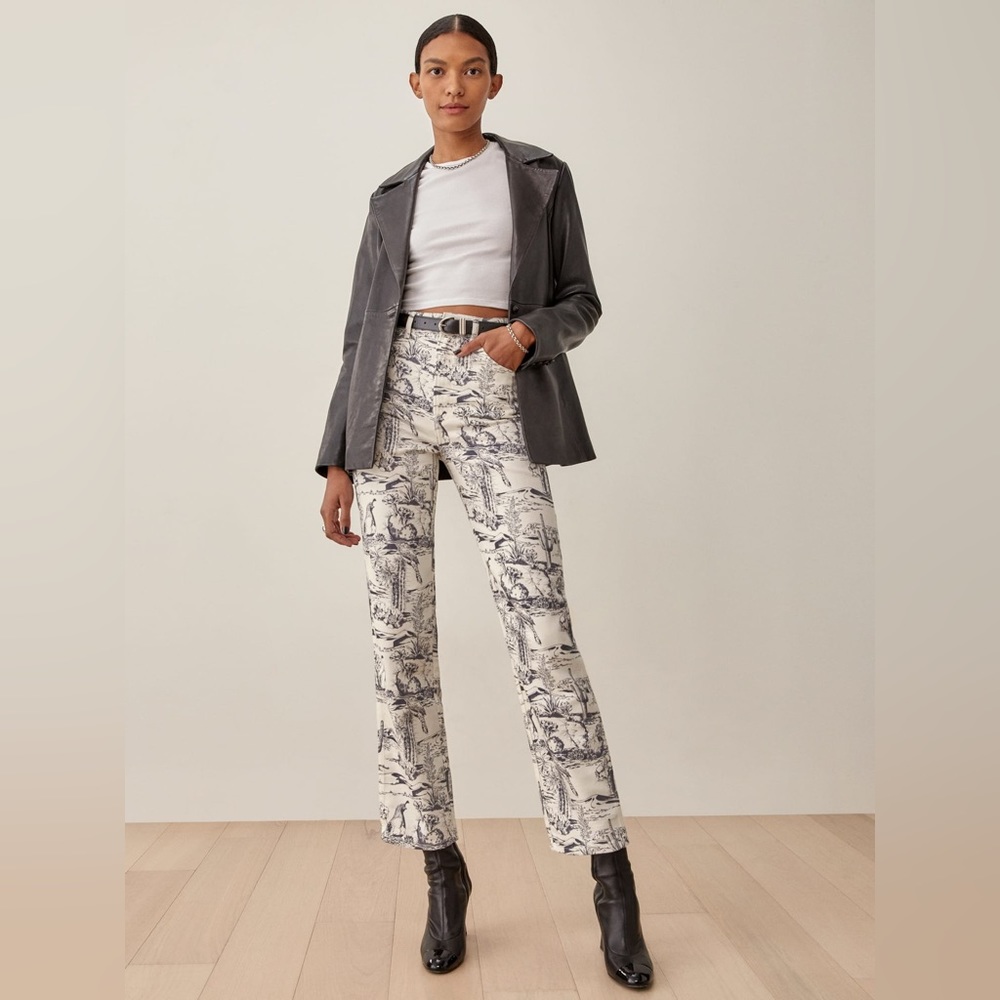 Reformation Black and Cream Toile Straight-Leg Jeans